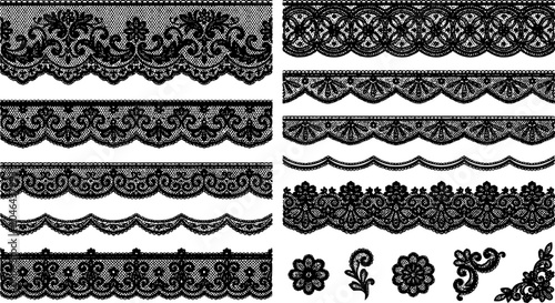 Lace pattern elements. Vintage seamless figured lace borders, beautiful wedding lace decoration. Black lace borders vector illustration set. Seamless black gorgeous stripe, delicate simple pattern