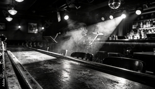 Black and white empty wooden table with dramatic shadows and blurred jazz bar background