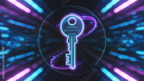 Digital security key icon glowing with neon lights in futuristic cyber environment