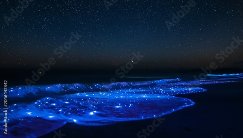 Glowing Bioluminescent Ocean Waves at Night with Starry Sky