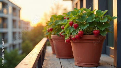 Strawberry plants with ripe fruits in pots during sunset