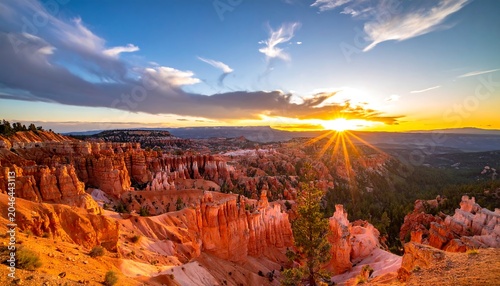 A breathtaking panoramic view of a sunrise over a rugged, rocky canyon landscape with scattered trees