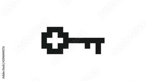 Minimalist black and white pixel art vector illustration featuring a simple digital security lock key icon