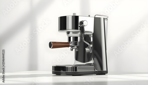 Sleek Chrome Espresso Machine with Wooden Handle on Minimalist Light Background