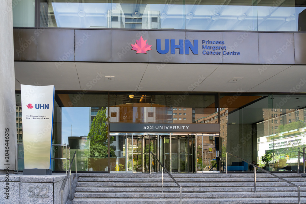 Naklejka premium Toronto, Ontario, Canada - June 2, 2026: The entrance to the Princess Margaret Cancer Centre, part of the University Health Network (UHN) on University Avenue in Toronto, Ontario, Canada. UHN is reco