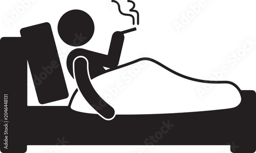 Foto Stick figure smoking in bed representing addiction or bad habit simple pictogram