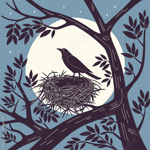 Fotografía Silhouette illustration of a bird sitting in a nest on a tree branch against a f