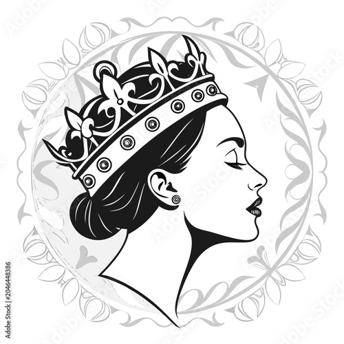 Fotografie Profile portrait of a queen wearing a decorative crown with princess portrait el