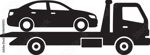 Fotografie Black silhouette of a flatbed tow truck carrying a sedan car, isolated on a whit
