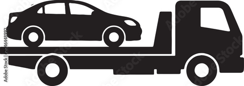 Foto Black silhouette of a flatbed tow truck carrying a sedan car, vehicle recovery a
