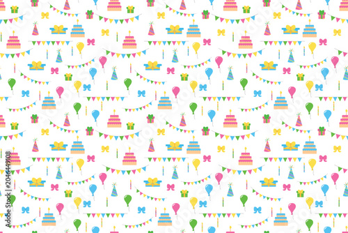 Seamless vector pattern Birthday elements including cakes, flags, balloons, confetti, gift boxes Colorful festive design For wrapping paper, textiles  celebration backgrounds. Transparent background