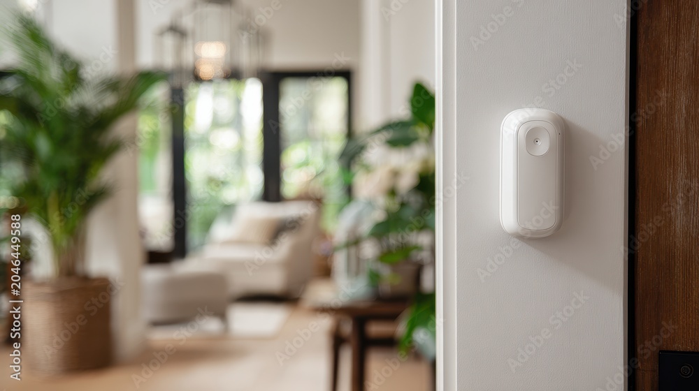 Fototapeta premium Smart home sensor device mounted on a white wall in a modern interior