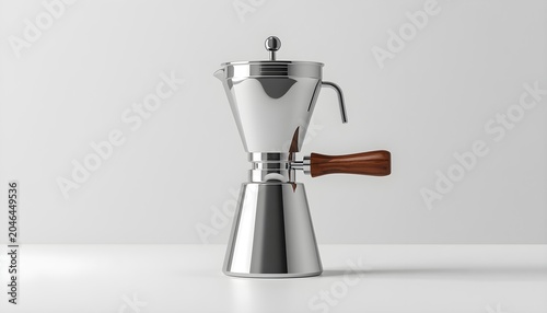 Modern stainless steel moka pot with wooden handle for espresso brewing on light studio background