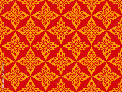 Traditional Thai Floral Kanok Seamless Pattern in Red and Gold for Textile and Decorative Design