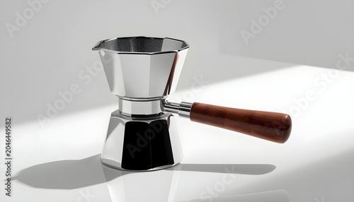 Modern Faceted Stainless Steel Turkish Coffee Pot with Wooden Handle Isolated on White Background