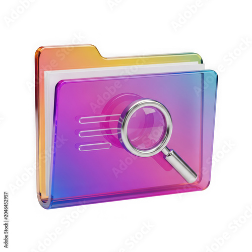 Colorful 3d folder icon with a magnifying glass search symbol isolated on transparent background