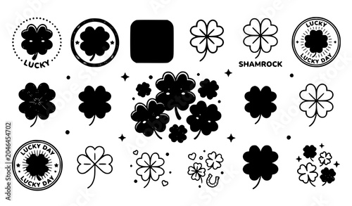 Cuadro en lienzo Cute lucky shamrock and four leaf clover icon collection in playful flat vector
