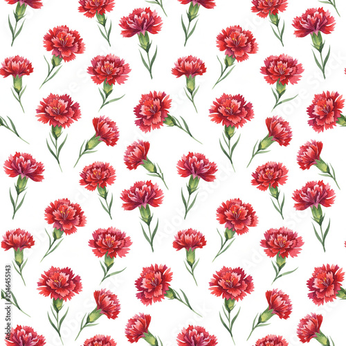 Watercolor red carnation flowers seamless pattern on white 