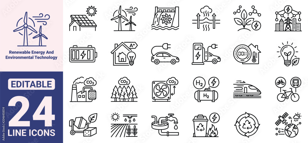 Fototapeta premium Renewable Energy and Environmental Technology Thin Line Icon Set. Vector Outline Icons for Green Power, Smart Home Efficiency, Carbon Reduction, and Sustainable Logistics.