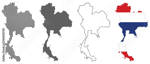 Foto Thailand country map vector set with dotted pattern solid silhouette outline and
