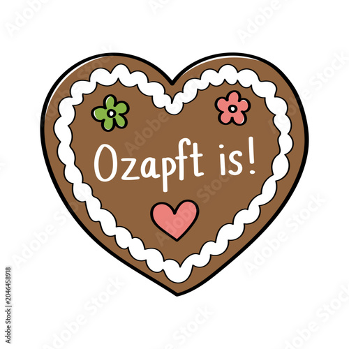 Traditional Oktoberfest gingerbread heart with O'zapft is phrase in cute doodle style for Bavarian festival designs
