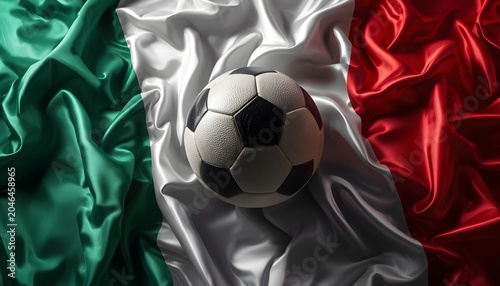 Soccer ball resting on a draped and wrinkled Italian flag fabric background