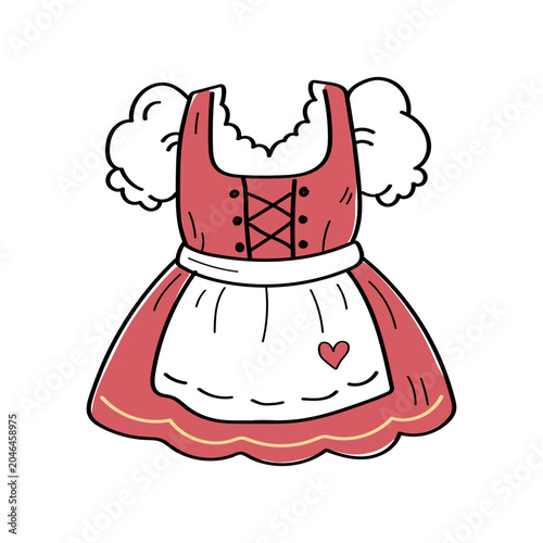 Traditional Bavarian dirndl dress in cute doodle style for Oktoberfest, German culture and folk festival designs