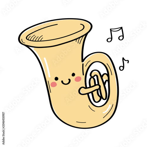 Traditional tuba in cute doodle style with music notes for Oktoberfest, Bavarian bands and folk festival designs
