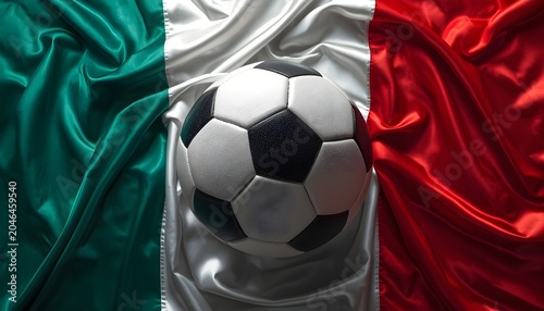 Soccer ball resting on the shiny wrinkled fabric of the Italian flag background