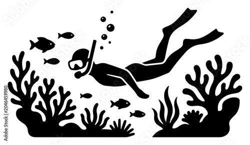 Tableau sur toile Scuba diver exploring underwater coral reef with swimming fish in stencil style