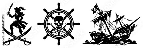 Photos Pirate icons collection featuring buccaneer shipwreck and steering wheel in sten