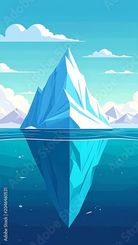 A large blue iceberg floats in the ocean with a mountainous background