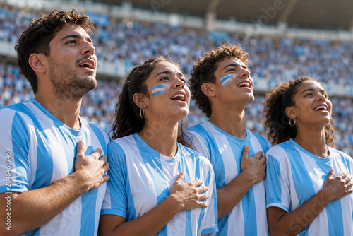 Group of passionate young fans singing national anthem at outdoor stadium event