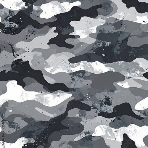 A grayscale camouflage pattern with abstract shapes and splotches