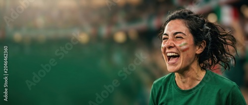Joyful Latina Woman in Green Jersey Laughing and Celebrating at Soccer Stadium