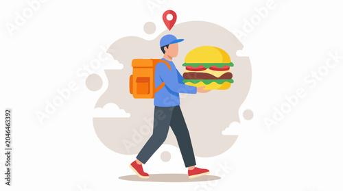 Slika na platnu Fast food delivery concept with courier carrying giant burger