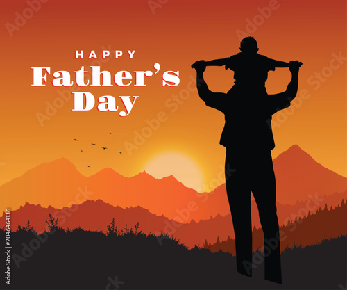 Happy Father's Day silhouette vector design of a father carrying his son on his shoulders while standing on mountain peaks at sunset, symbolizing love, guidance, bonding, and cherished family moments