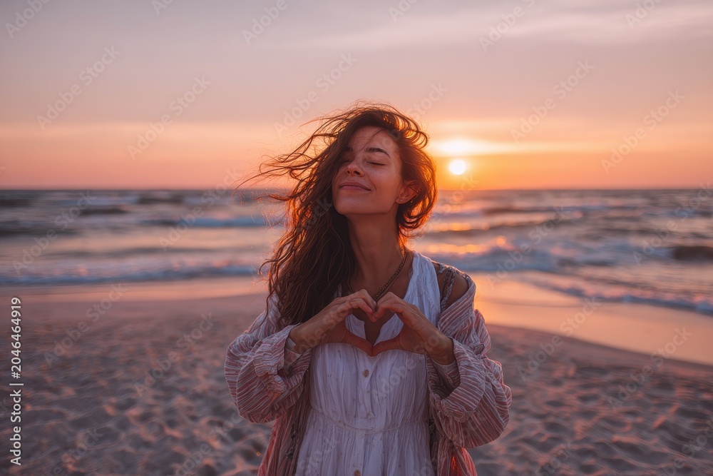 Obraz premium Joyful beach scene with a woman traveler and heart-shaped hands at sunset