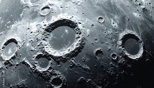 A grayscale close-up of the moon's surface featuring craters and rugged terrain