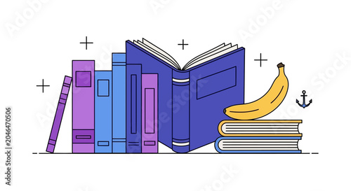 Colorful books and a banana on a shelf.