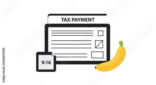 Tax payment form with banana and clock.