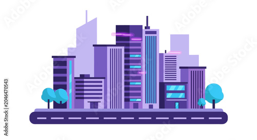 City skyline with modern buildings and road.