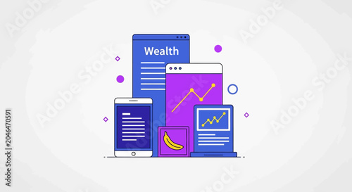 A collection of devices displaying financial information and graphs.