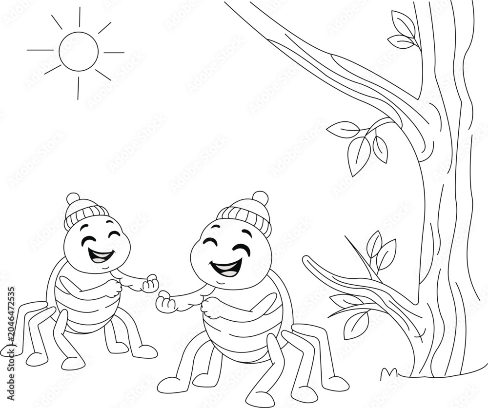 Fototapeta premium Two Friendly Spiders Under a Tree Coloring Page for Children