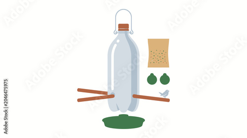 Minimalist Upcycled Plastic Bottle Bird Feeder Vector for Eco-Science Education