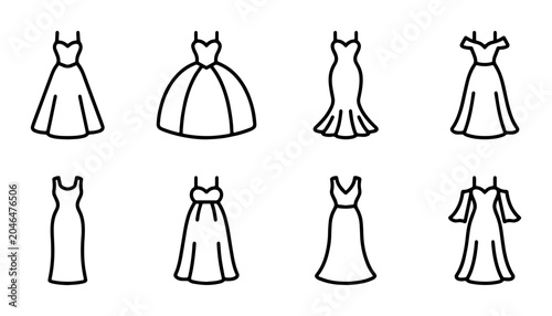 Tableau sur toile Elegant Gown Silhouettes Collection, Formal Dress Styles Vector Icons, Bridal We