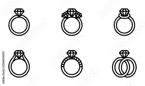 Bild auf Leinwand Diamond Ring Icons Set, Engagement Wedding Jewelry Symbols, Precious Gemstone Ac