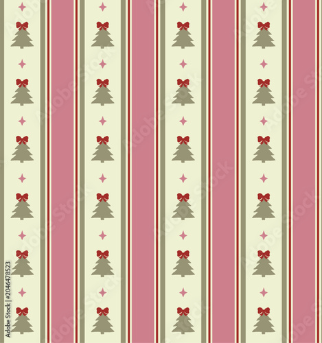 Seamless vintage Christmas pattern featuring stylized trees with bows and stars on pink, green, and cream vertical stripes. Folk art style for wrapping paper, textile, fabric, and holiday cards