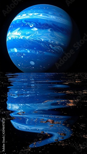 A large blue planet with swirling clouds reflected on water