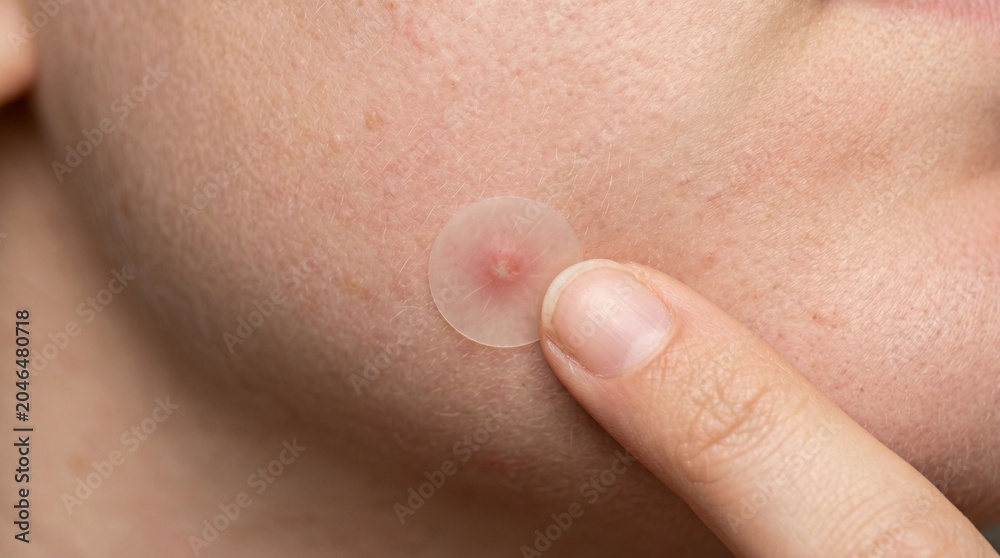Fototapeta premium Person applying circular hydrocolloid pimple patch on cheek